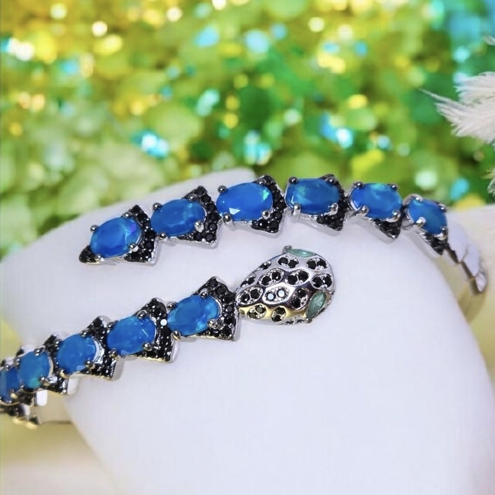 Natural Blue Opal, Emerald & Spinel 925 Sterling Silver Snake Bangle Bracelet